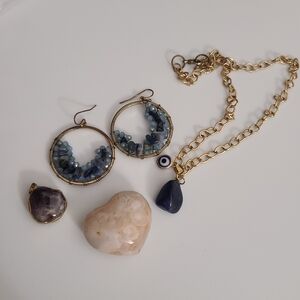 Gemstones Earrings Necklace Pendant Heart Evil Eye Lot Of 4 Vintage Estate